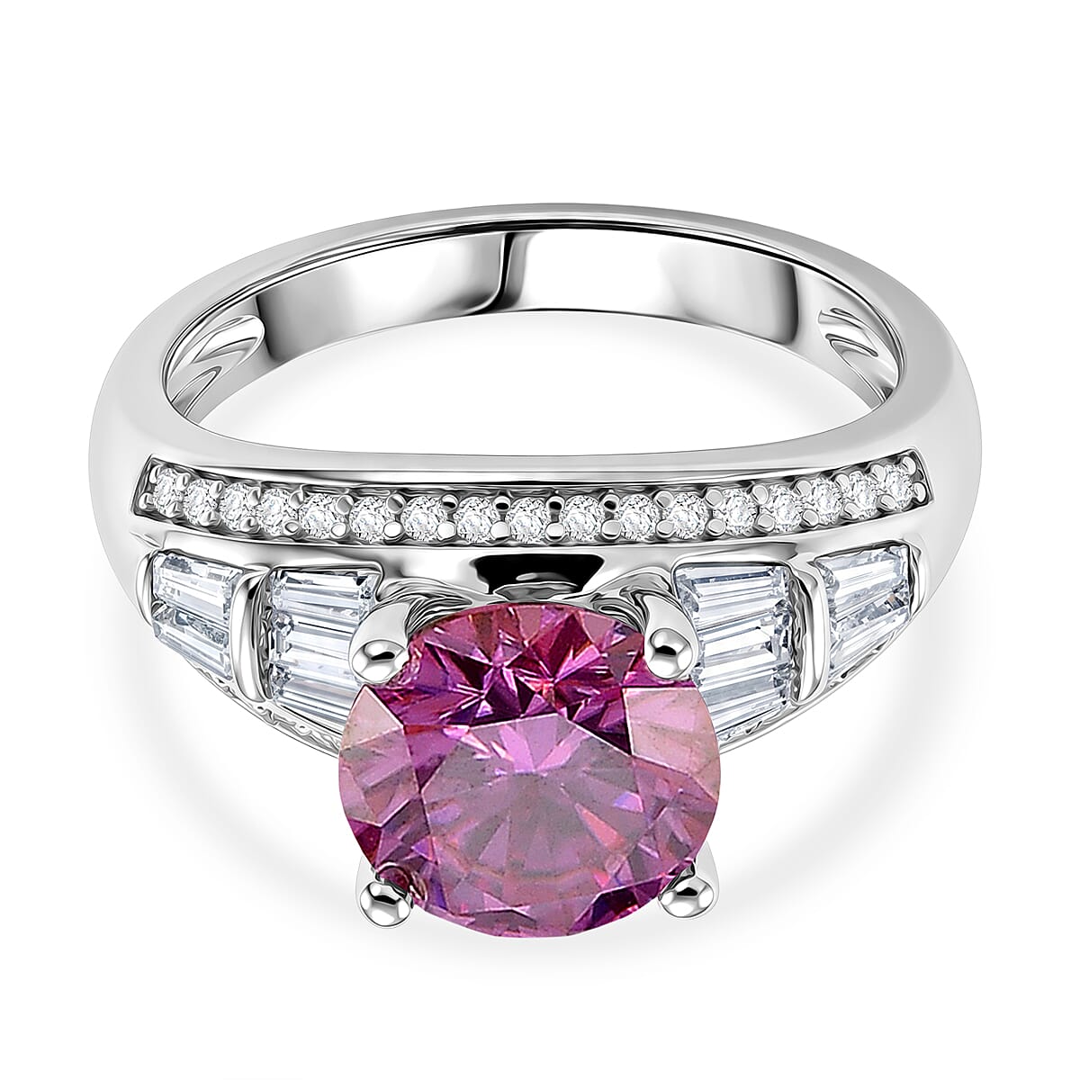 BRAND NEW - Premium Pink Moissanite and White Moissanite Solitaire Ring in Rhodium Overlay Sterling Silver 3.06 Ct.