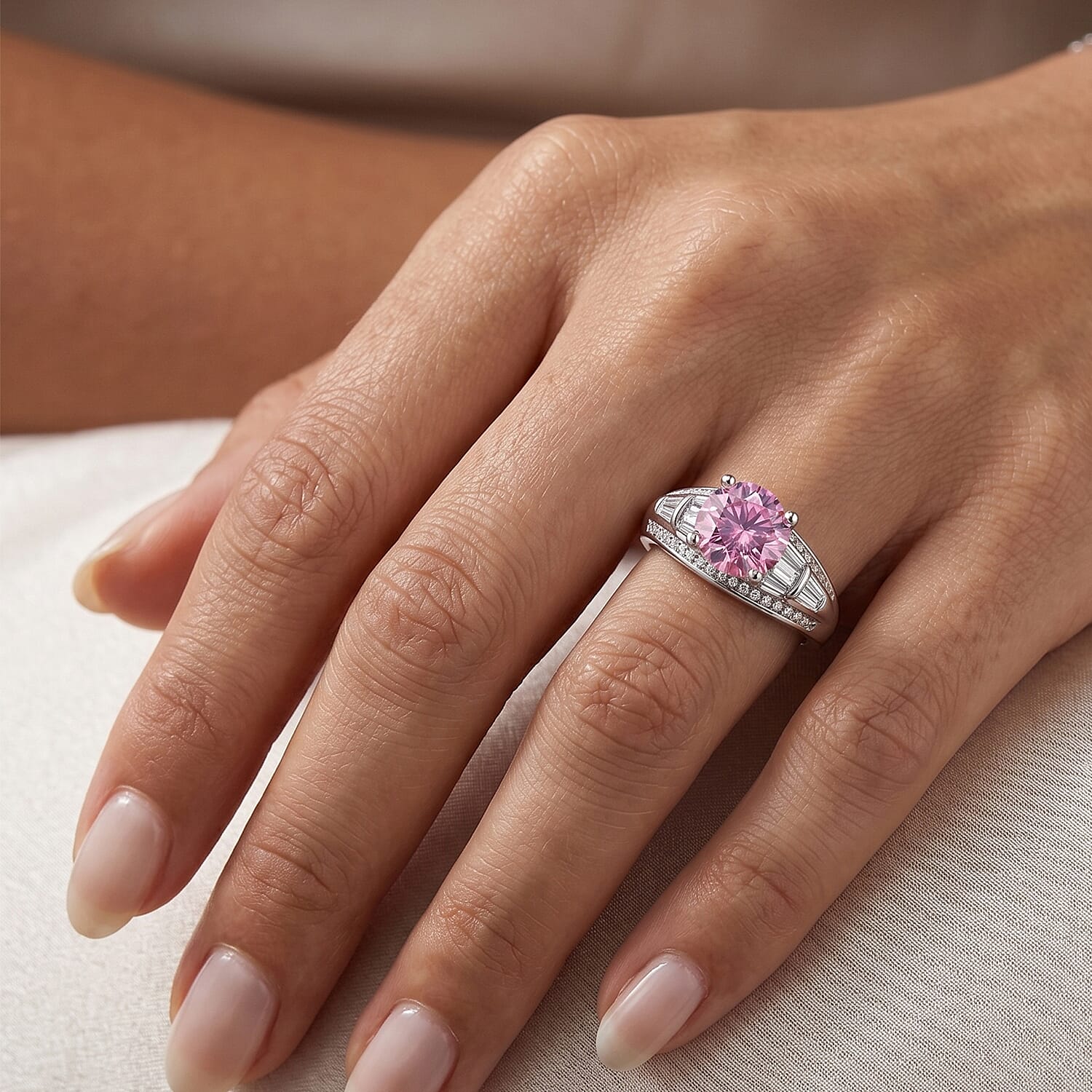 D'Joy - Pink & White Moissanite Solitaire Ring in Rhodium Overlay Sterling Silver 3.06 Ct.