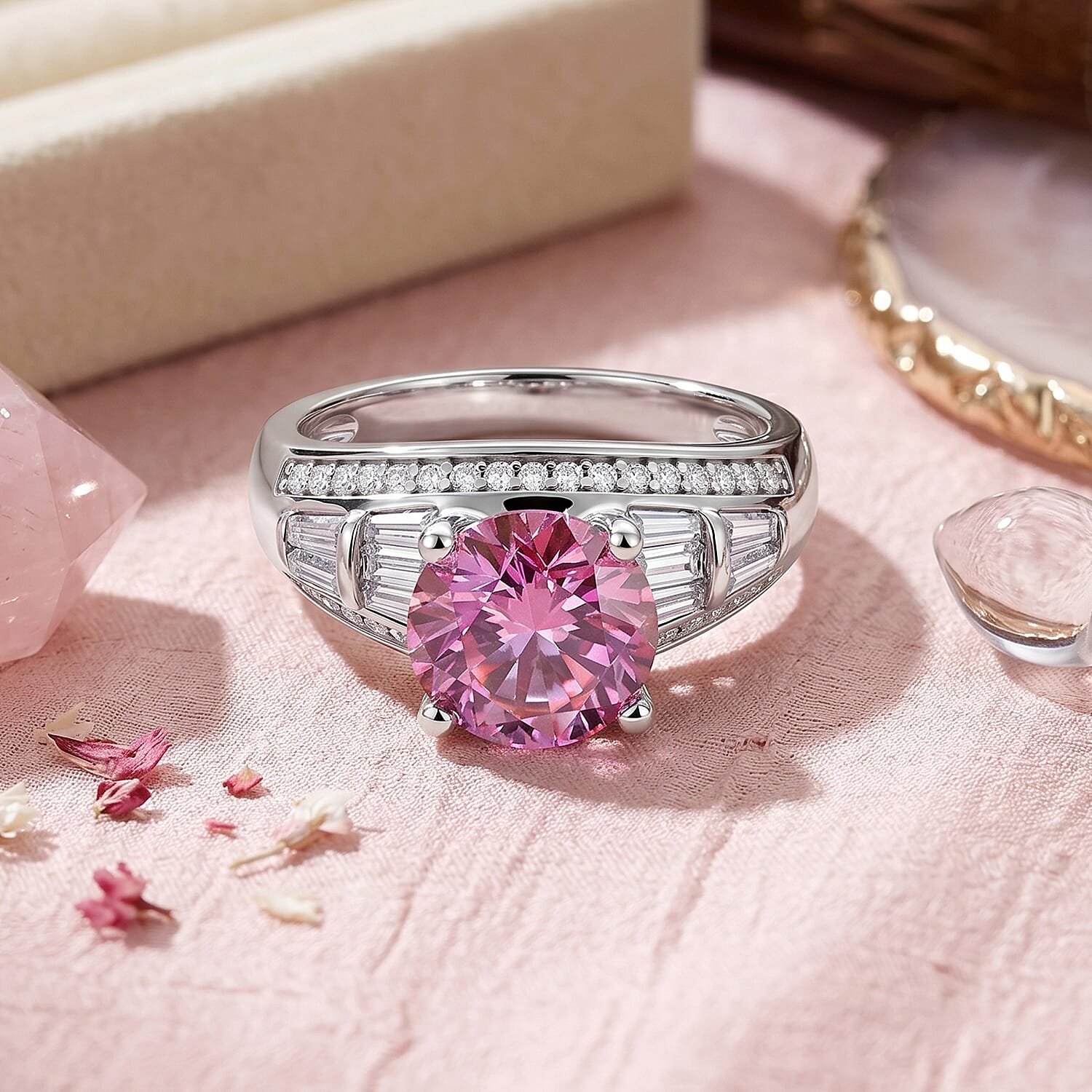 D'Joy - Pink & White Moissanite Solitaire Ring in Rhodium Overlay Sterling Silver 3.06 Ct.