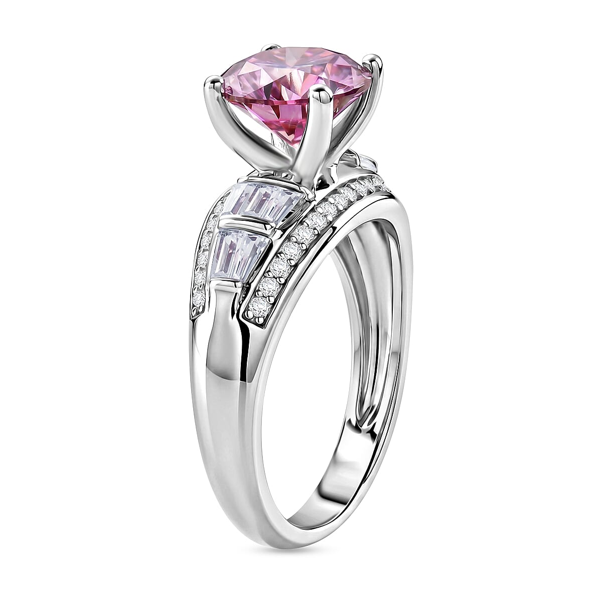 D'Joy - Pink & White Moissanite Solitaire Ring in Rhodium Overlay Sterling Silver 3.06 Ct.