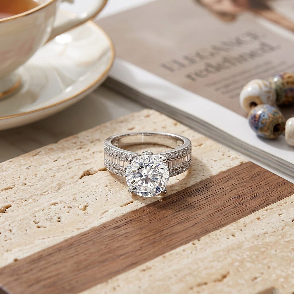 D'Joy - Moissanite Solitaire Ring in Rhodium Overlay Sterling Silver  6.22 Ct.