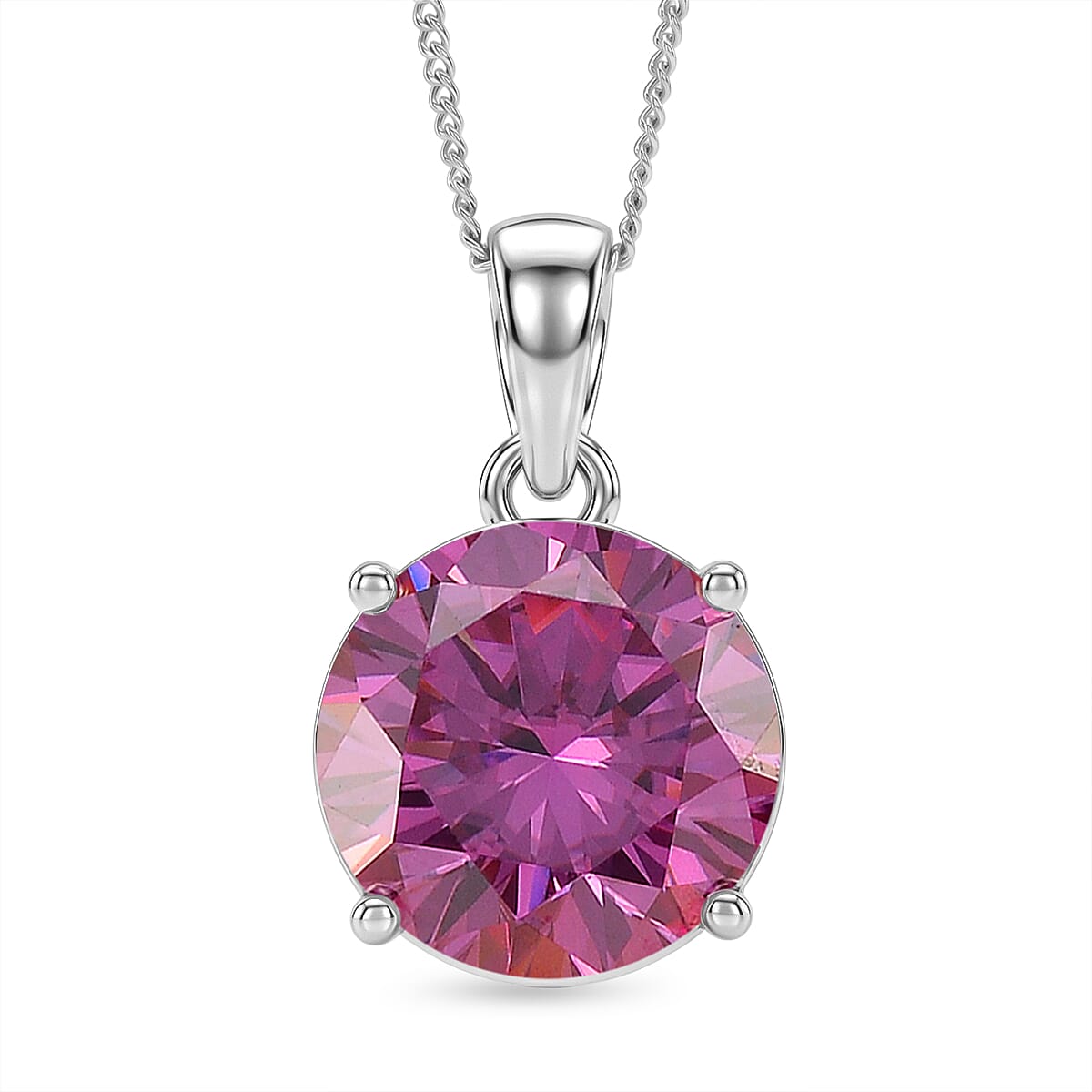 D'Joy - Pink Moissanite Solitaire Pendant with Chain (Size - 18) in Rhodium Overlay Sterling Silver 9.40 Ct.