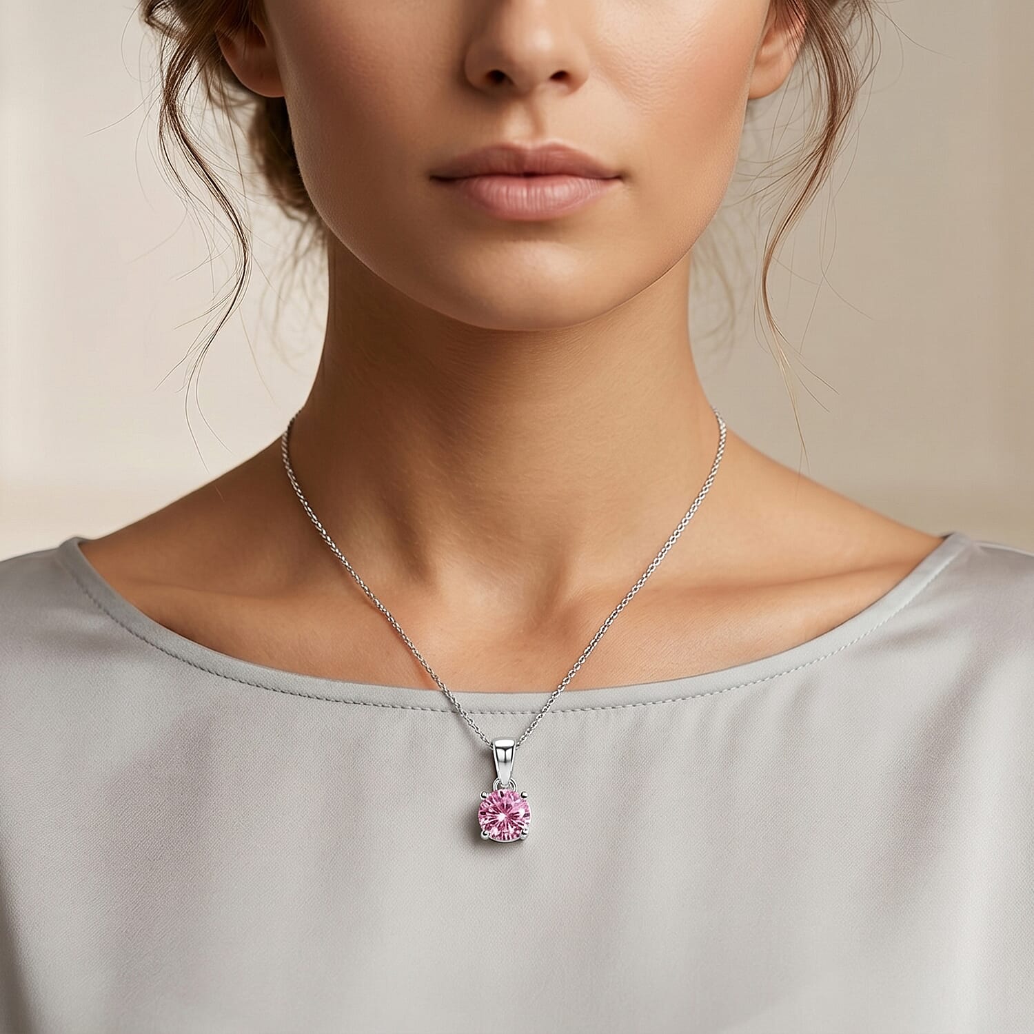 D'Joy - Pink Moissanite Solitaire Pendant with Chain (Size - 18) in Rhodium Overlay Sterling Silver 9.40 Ct.