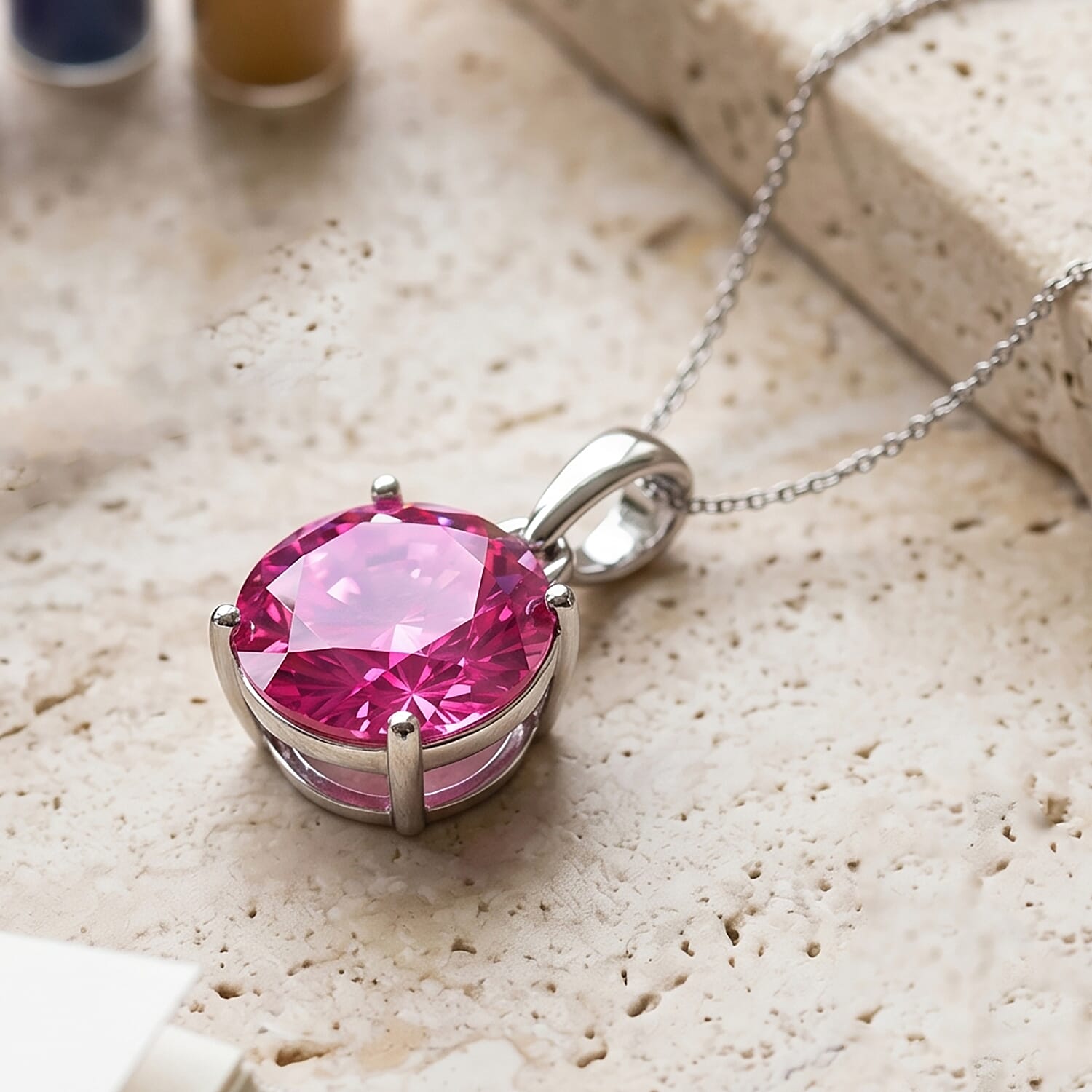 D'Joy - Pink Moissanite Solitaire Pendant with Chain (Size - 18) in Rhodium Overlay Sterling Silver 9.40 Ct.