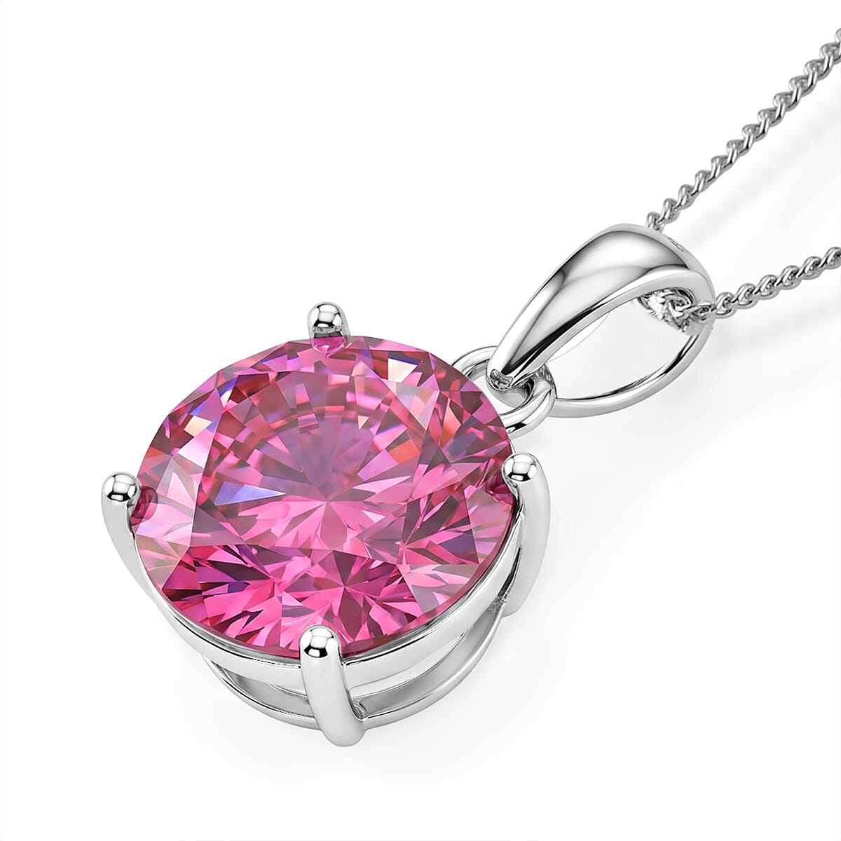 D'Joy - Pink Moissanite Solitaire Pendant with Chain (Size - 18) in Rhodium Overlay Sterling Silver 9.40 Ct.