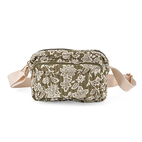 Flower Print Multi-pocket Crossbody Sling Bag - Olive