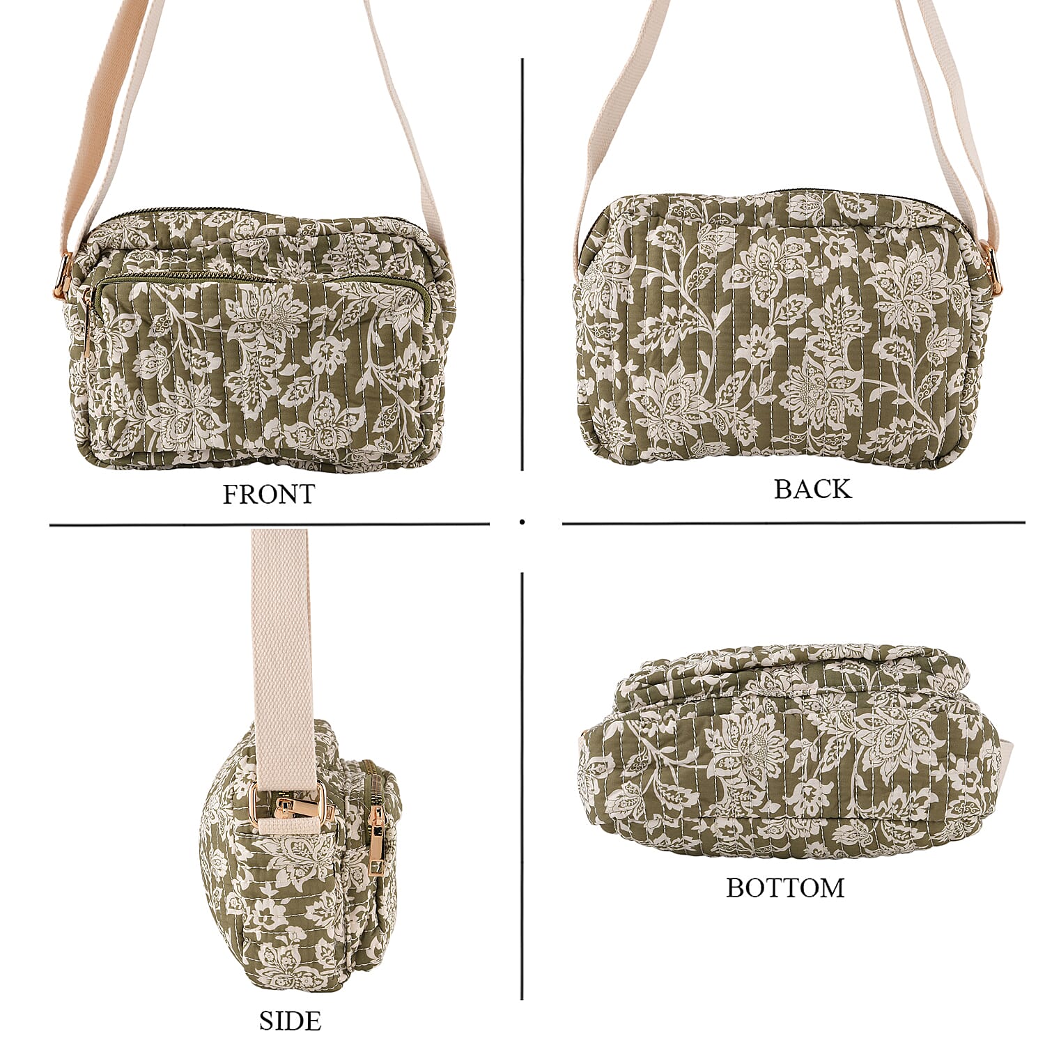 Flower Print Multi-pocket Crossbody Sling Bag - Olive