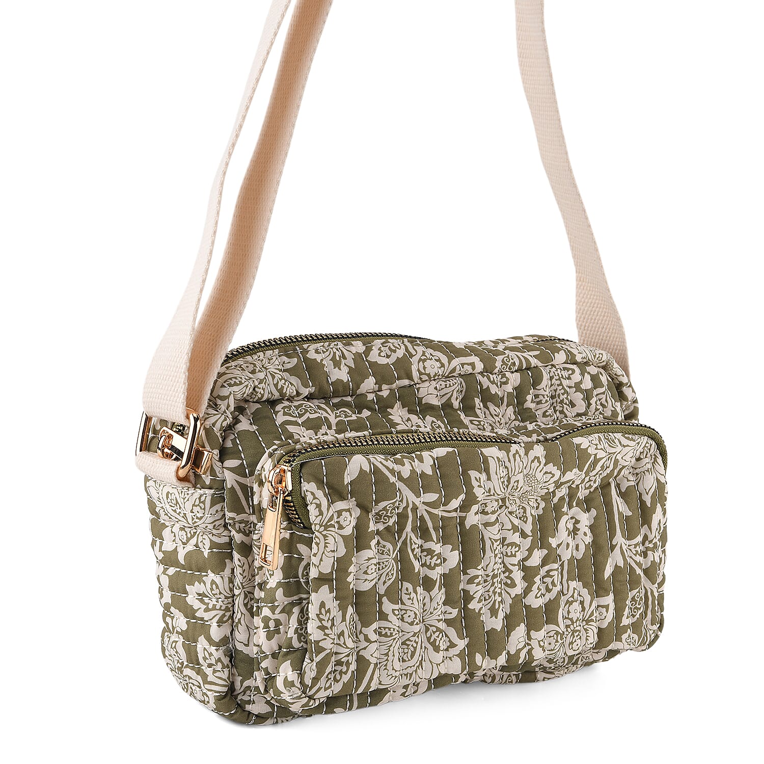 Flower Print Multi-pocket Crossbody Sling Bag - Olive
