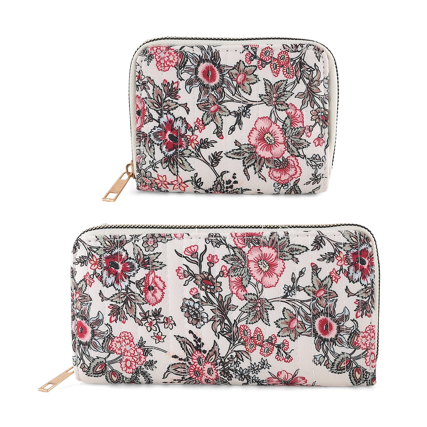 Set of 2 Floral Print Zip Around Wallet Set - Beige