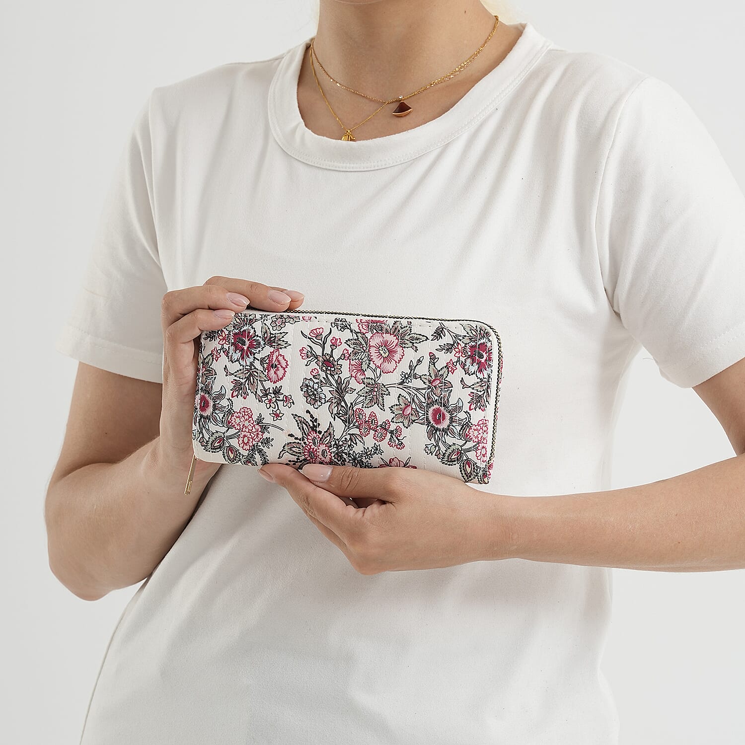 Set of 2 Floral Print Zip Around Wallet Set - Beige