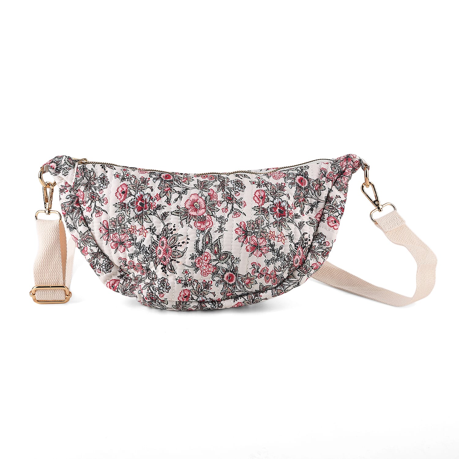 Floral Print Crescent Sling Bag - Beige