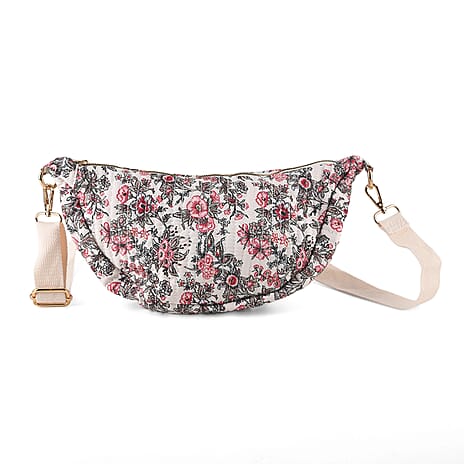 Floral Print Crescent Sling Bag - Beige