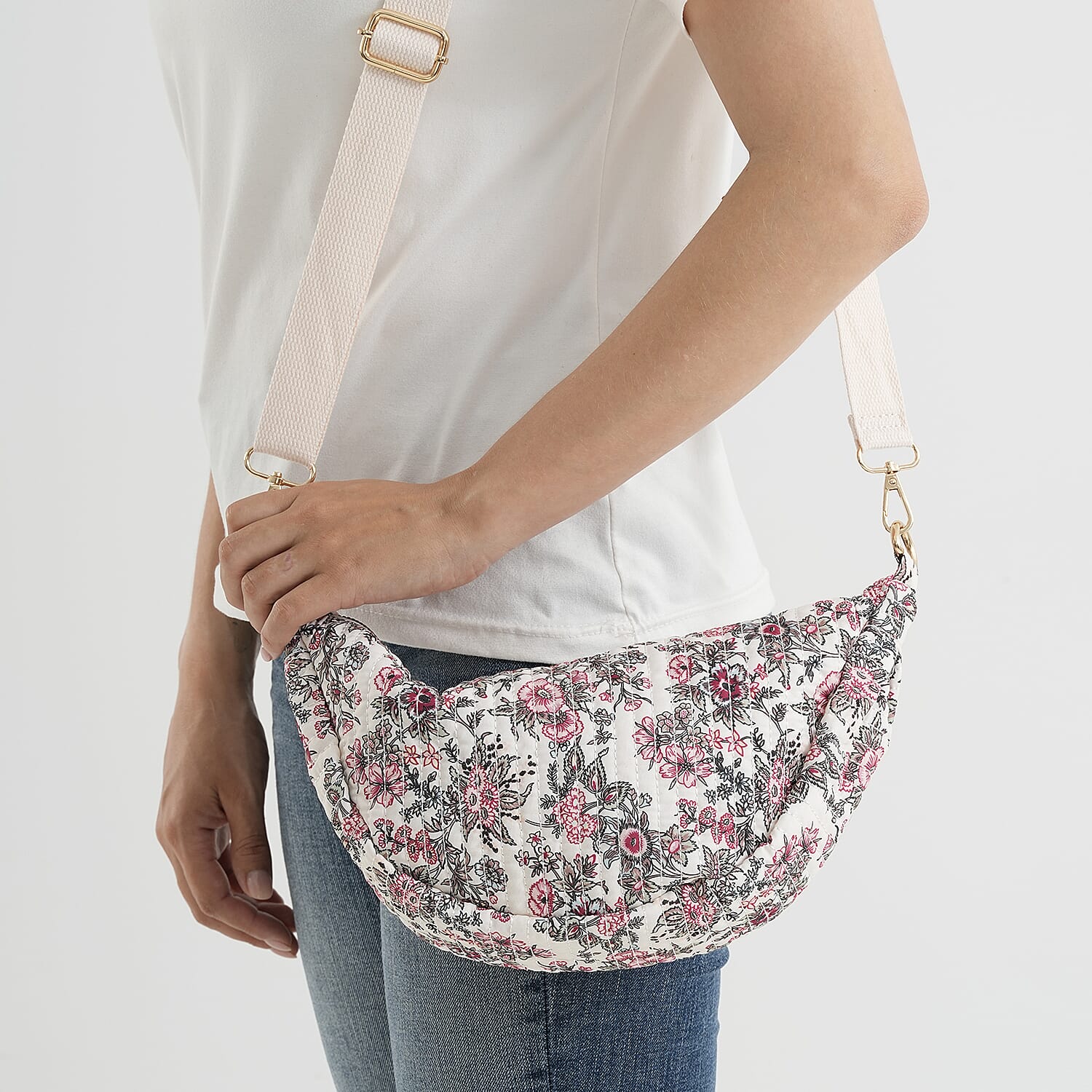 Floral Print Crescent Sling Bag - Beige