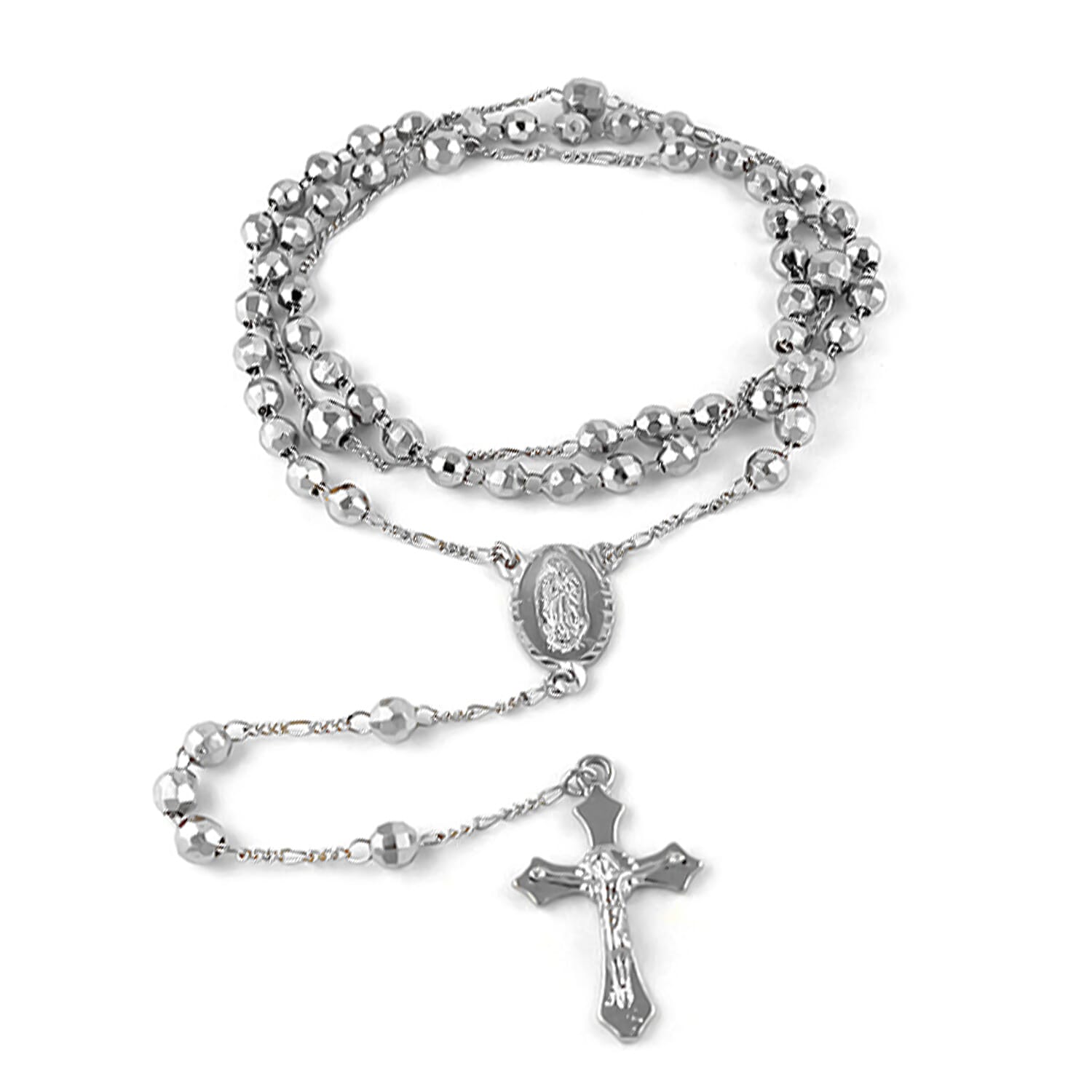 Cross Rosary Necklace (Size - 30) in White (Ball 5.40mm, Cross 20.20x30mm).