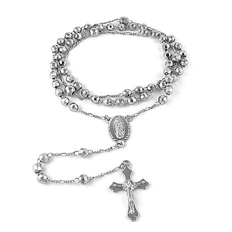 Cross Rosary Necklace (Size - 30) in White (Ball 5.40mm, Cross 20.20x30mm).