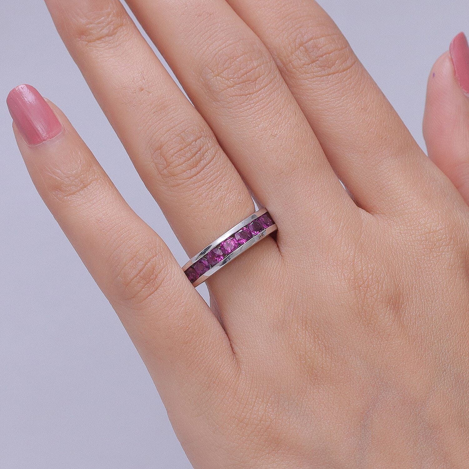 D'Joy Radiant Ember Garnet Band Ring in Rhodium OverlaySterling Silver  2.034  Ct.