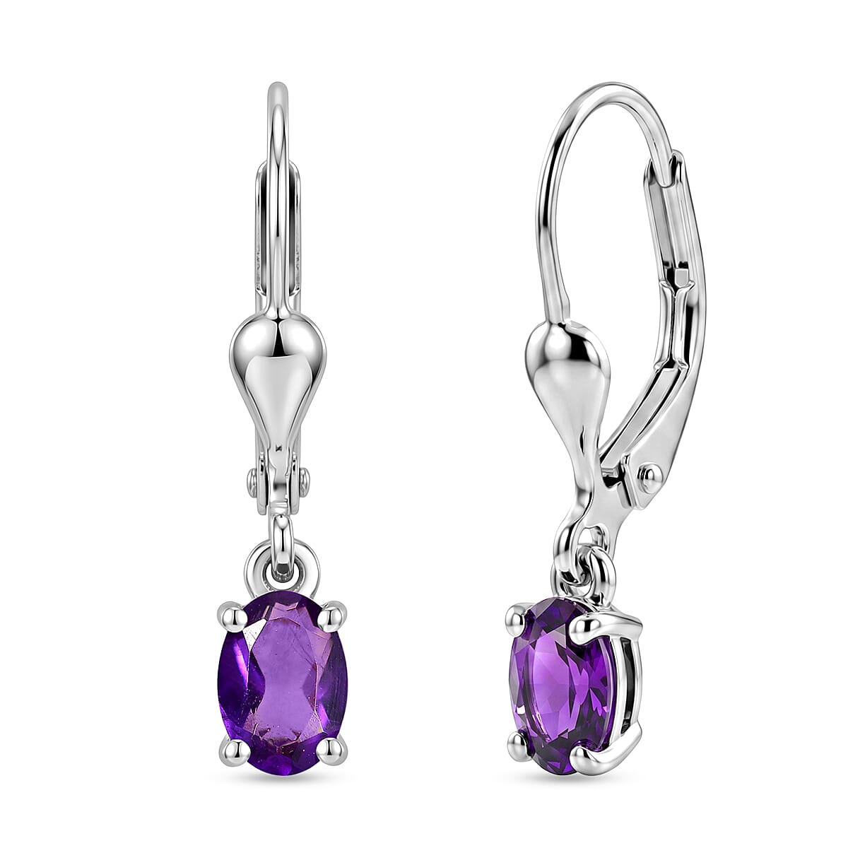 Royal Bali Collection - D'Joy African Amethyst Solitaire Lever Back Earring in Rhodium Overlay Sterling Silver