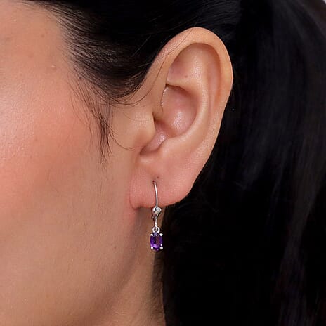 Royal Bali Collection - D'Joy African Amethyst Solitaire Lever Back Earring in Rhodium Overlay Sterling Silver