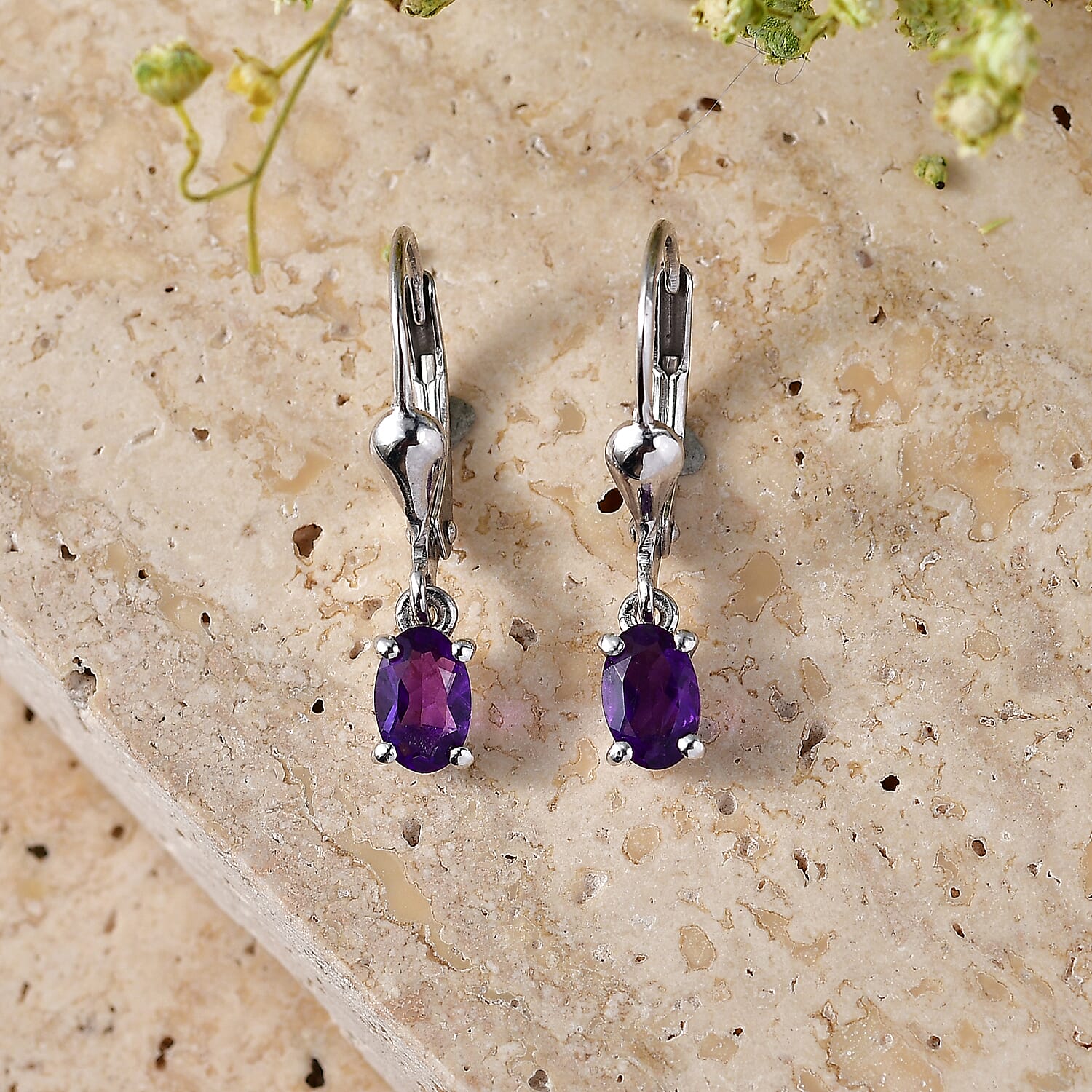 Royal Bali Collection - D'Joy African Amethyst Solitaire Lever Back Earring in Rhodium Overlay Sterling Silver