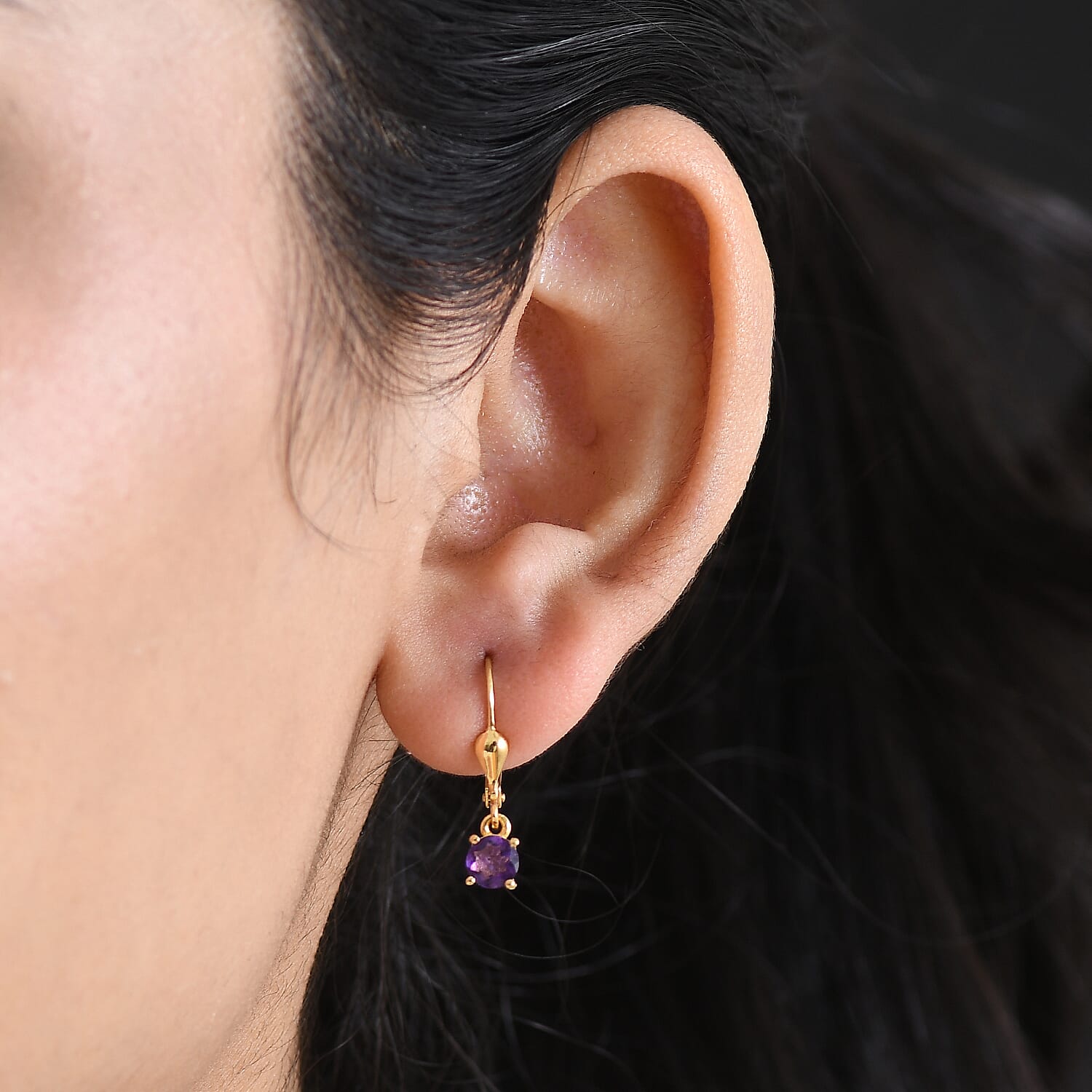 Royal Bali Collection - D'Joy African Amethyst Solitaire Lever Back Earring in 18K Vermeil Yellow Gold Plated Sterling Silver