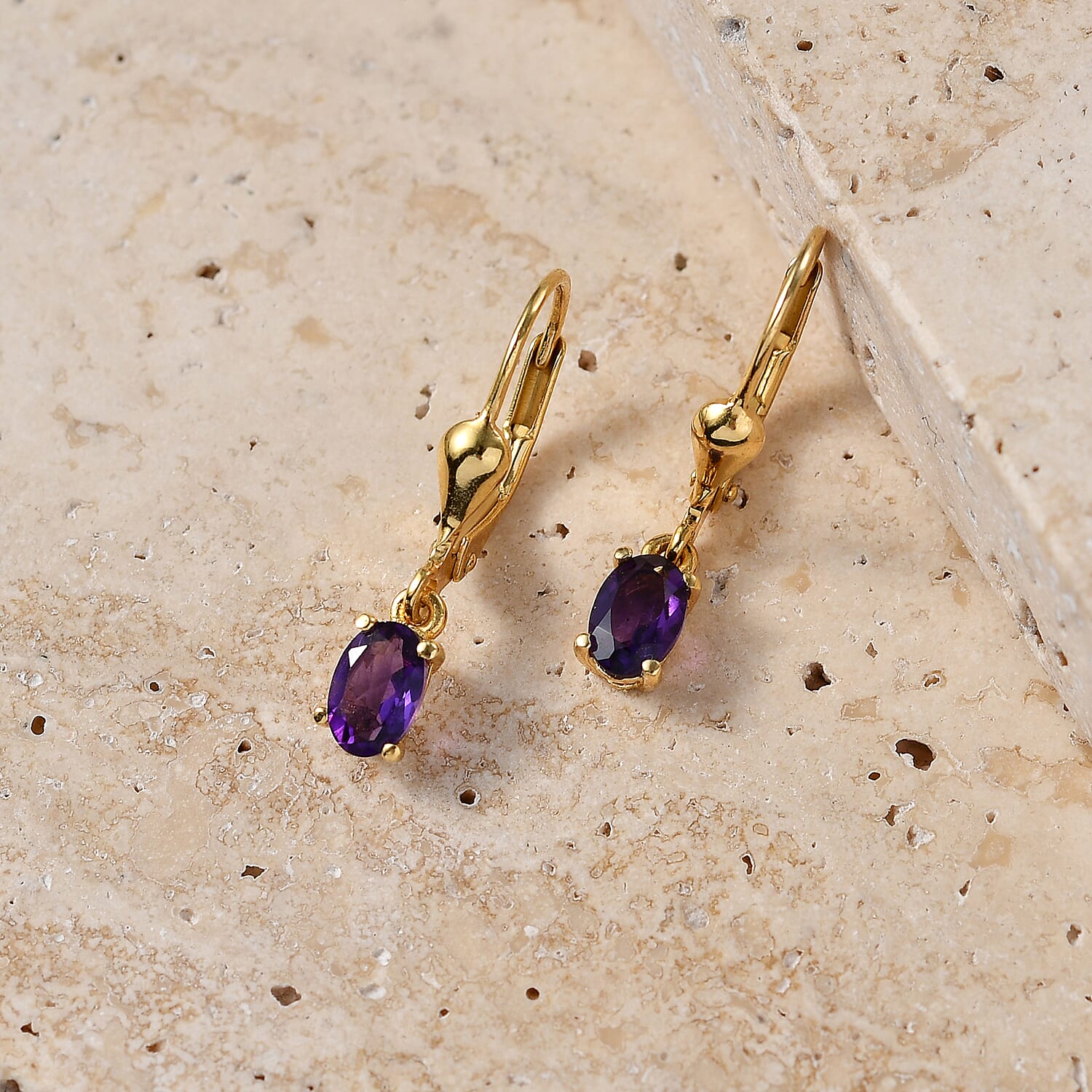 Royal Bali Collection - D'Joy African Amethyst Solitaire Lever Back Earring in 18K Vermeil Yellow Gold Plated Sterling Silver