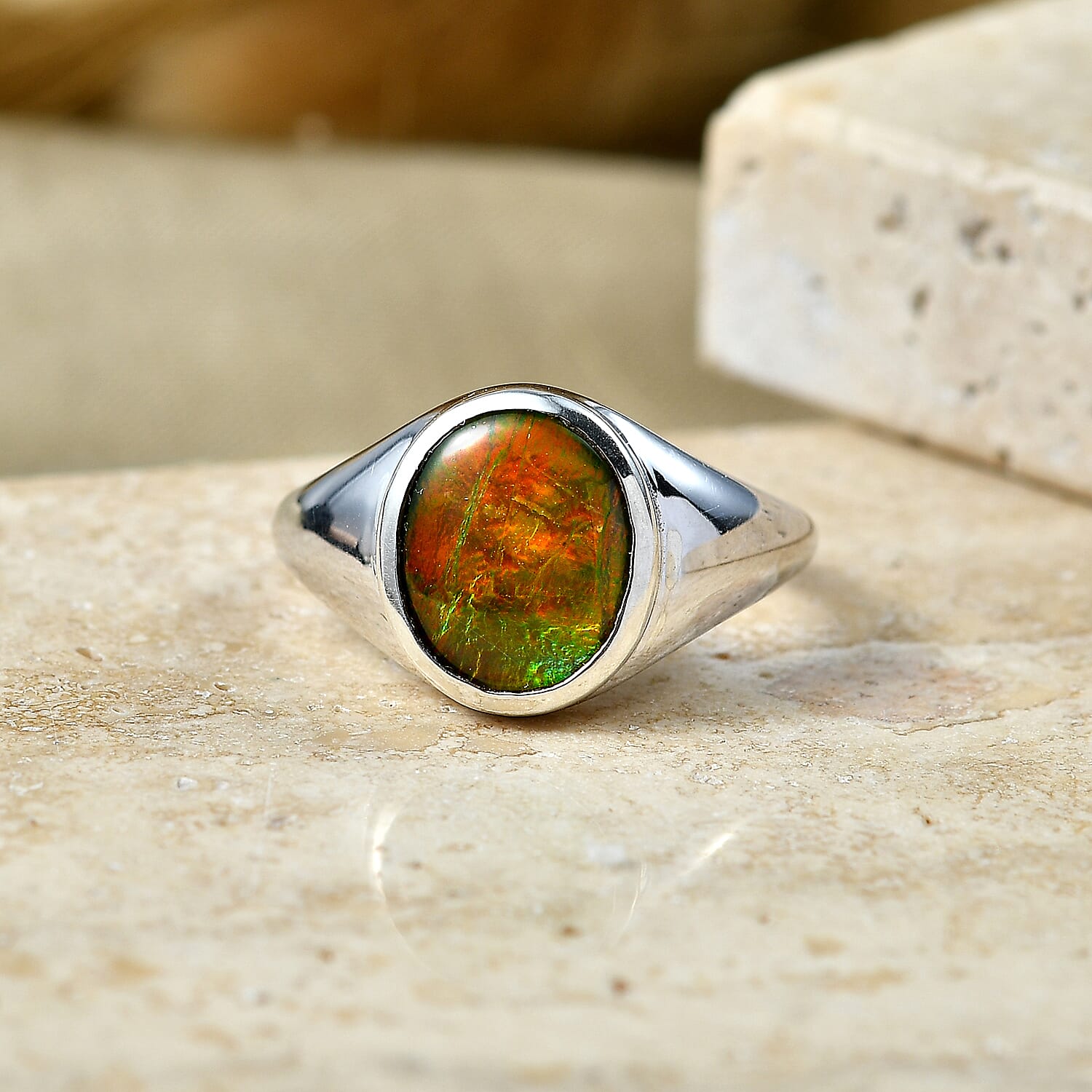 D'Joy - Ammolite Solitaire Ring in Rhodium Overlay Sterling Silver 2.54 Ct.