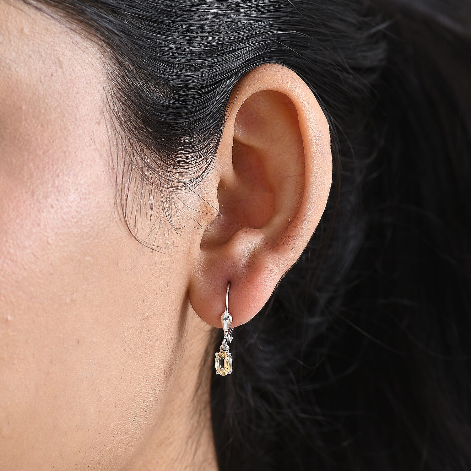 Royal Bali Collection - D'Joy Citrine Solitaire Lever Back Earring in Rhodium Overlay Sterling Silver