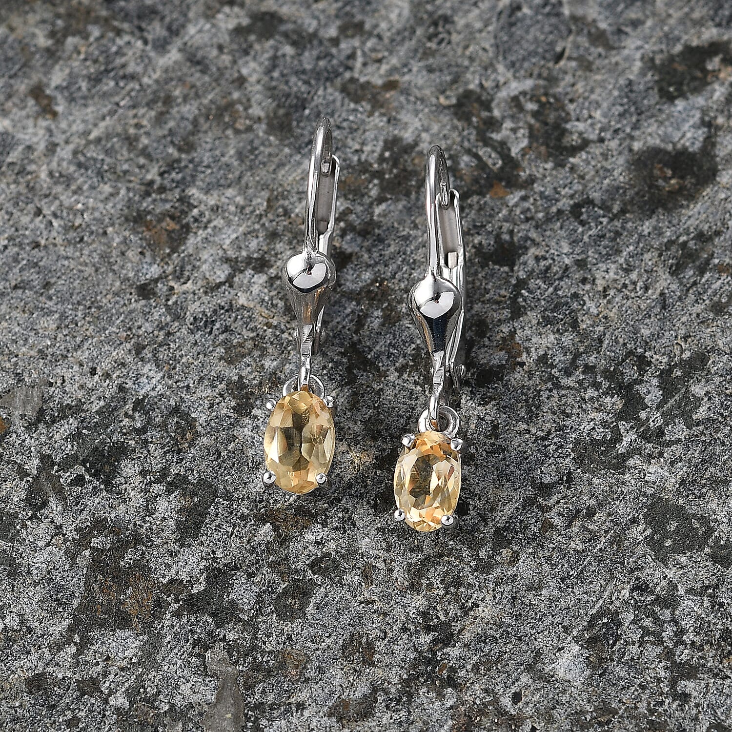 Royal Bali Collection - D'Joy Citrine Solitaire Lever Back Earring in Rhodium Overlay Sterling Silver