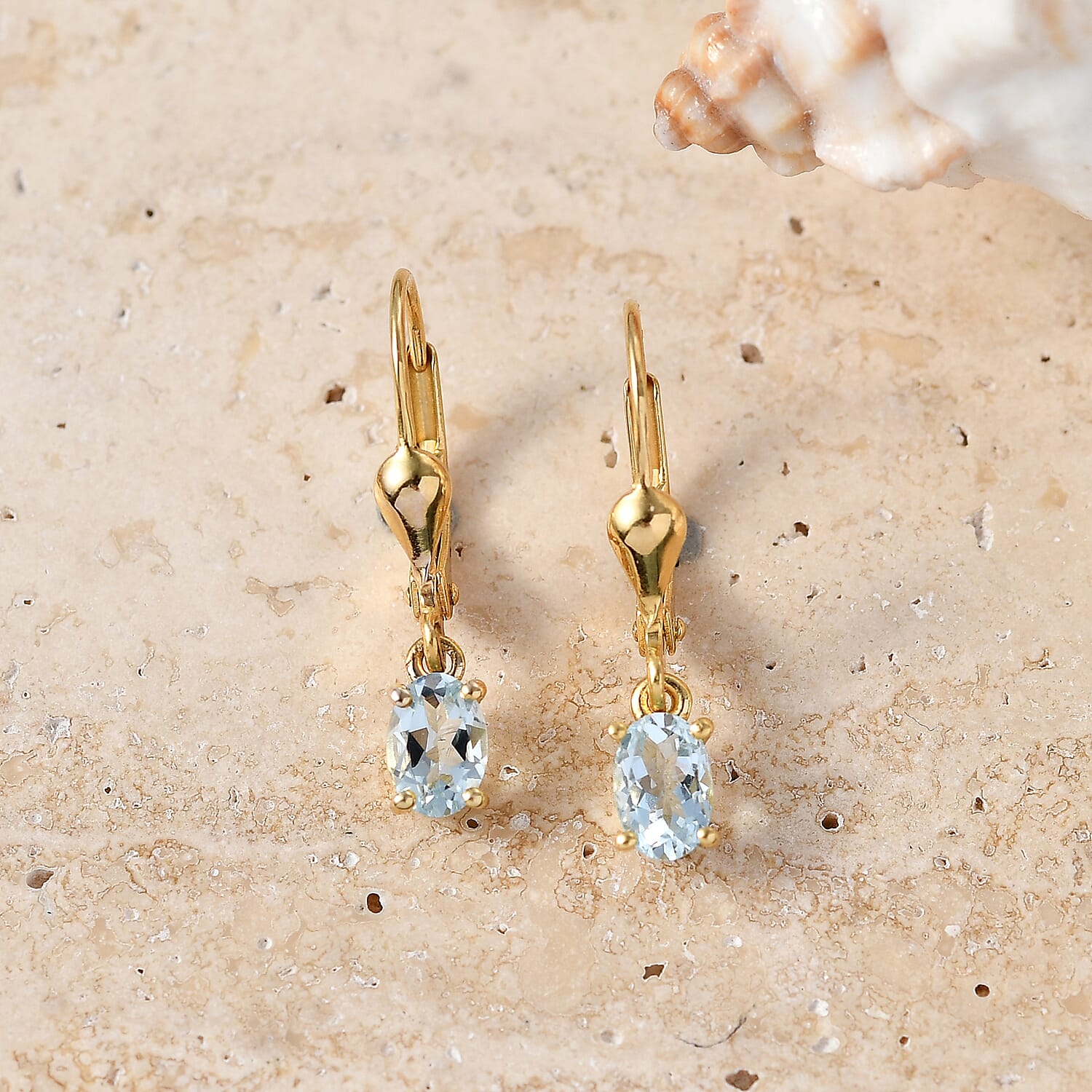 Royal Bali Collection - D'Joy Aquamarine Solitaire Lever Back Earring in 18K Vermeil Yellow Gold Plated Sterling Silver