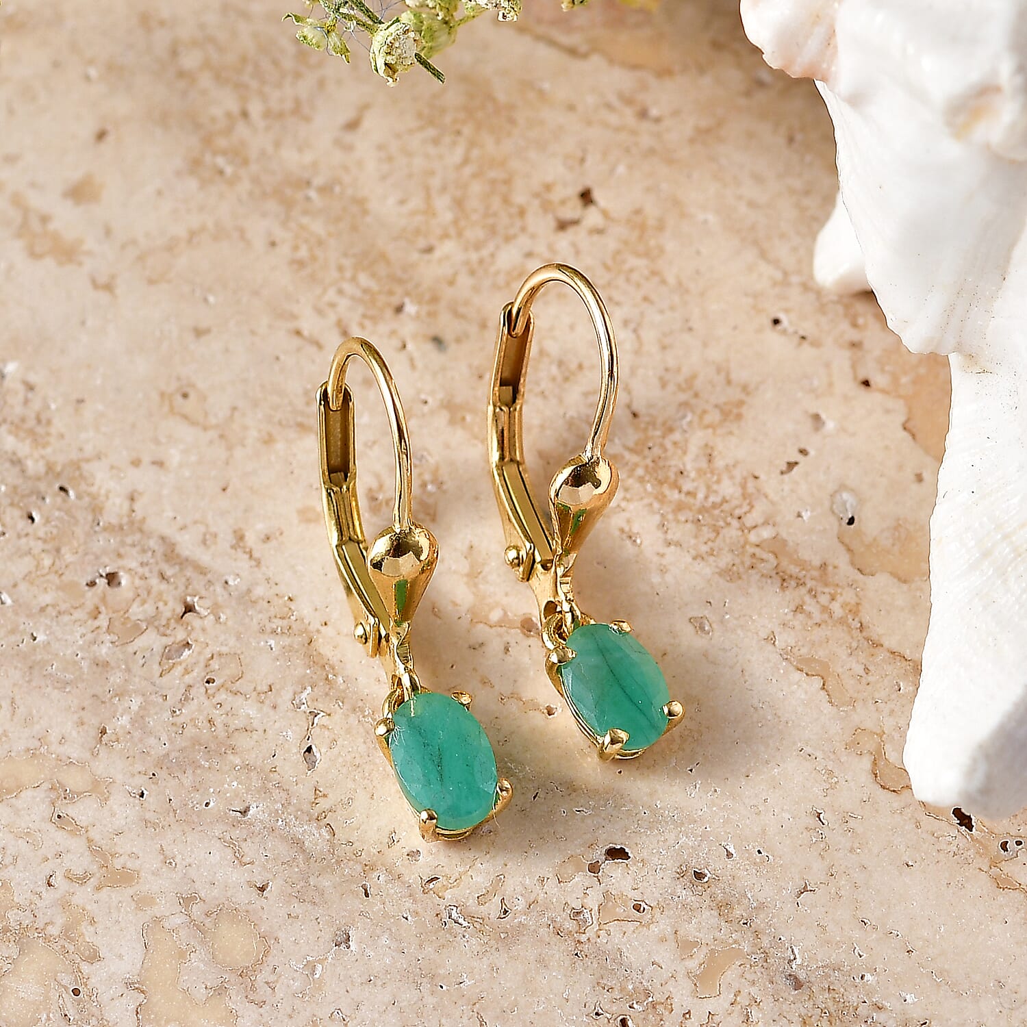Royal Bali Collection - D'Joy Socoto Emerald Solitaire Lever Back Earring in 18K Vermeil Yellow Gold Plated Sterling Silver
