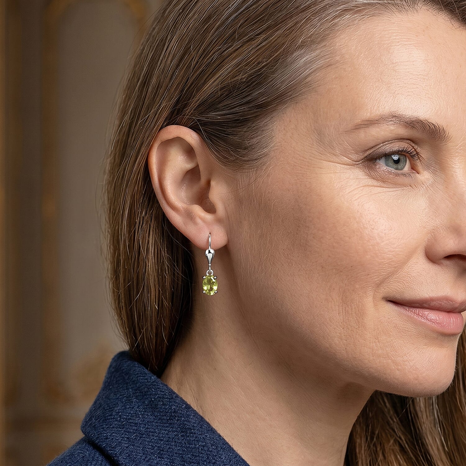 Peridot Solitaire Lever Back Earring in Rhodium OverlaySterling Silver  1.046  Ct.