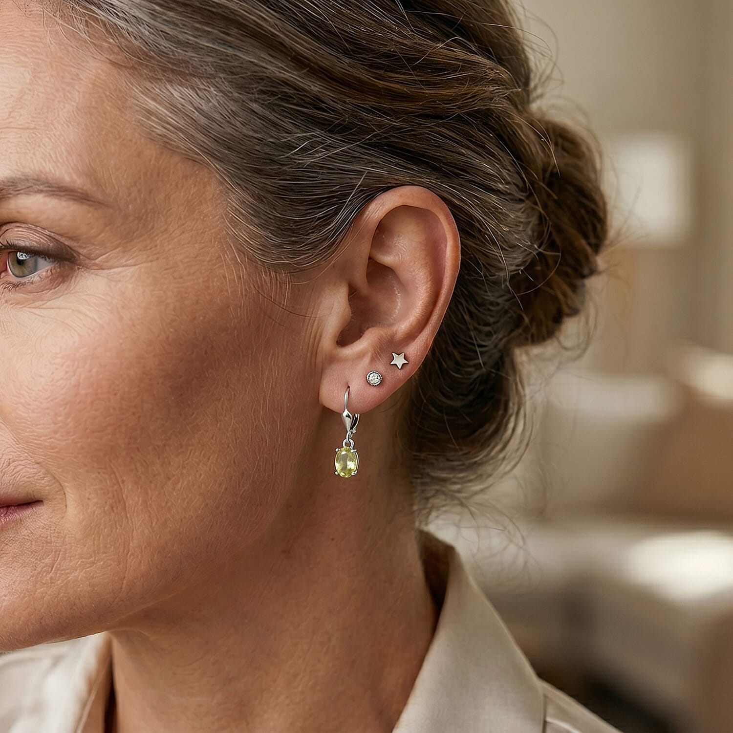 Peridot Solitaire Lever Back Earring in Rhodium OverlaySterling Silver  1.046  Ct.