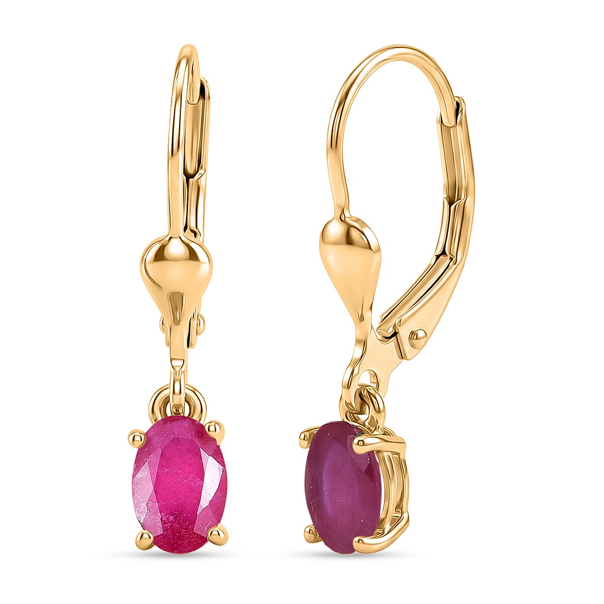 Royal Bali Collection - D'Joy African Ruby Solitaire Lever Back Earring in 18K Vermeil Yellow Gold Plated Sterling Silver 1.38 Ct.