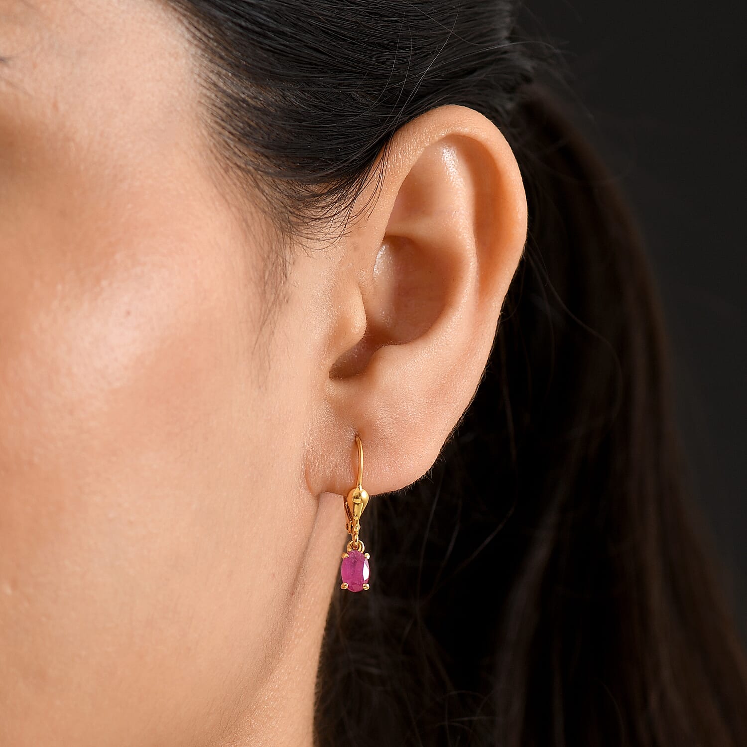 Royal Bali Collection - D'Joy African Ruby Solitaire Lever Back Earring in 18K Vermeil Yellow Gold Plated Sterling Silver 1.38 Ct.