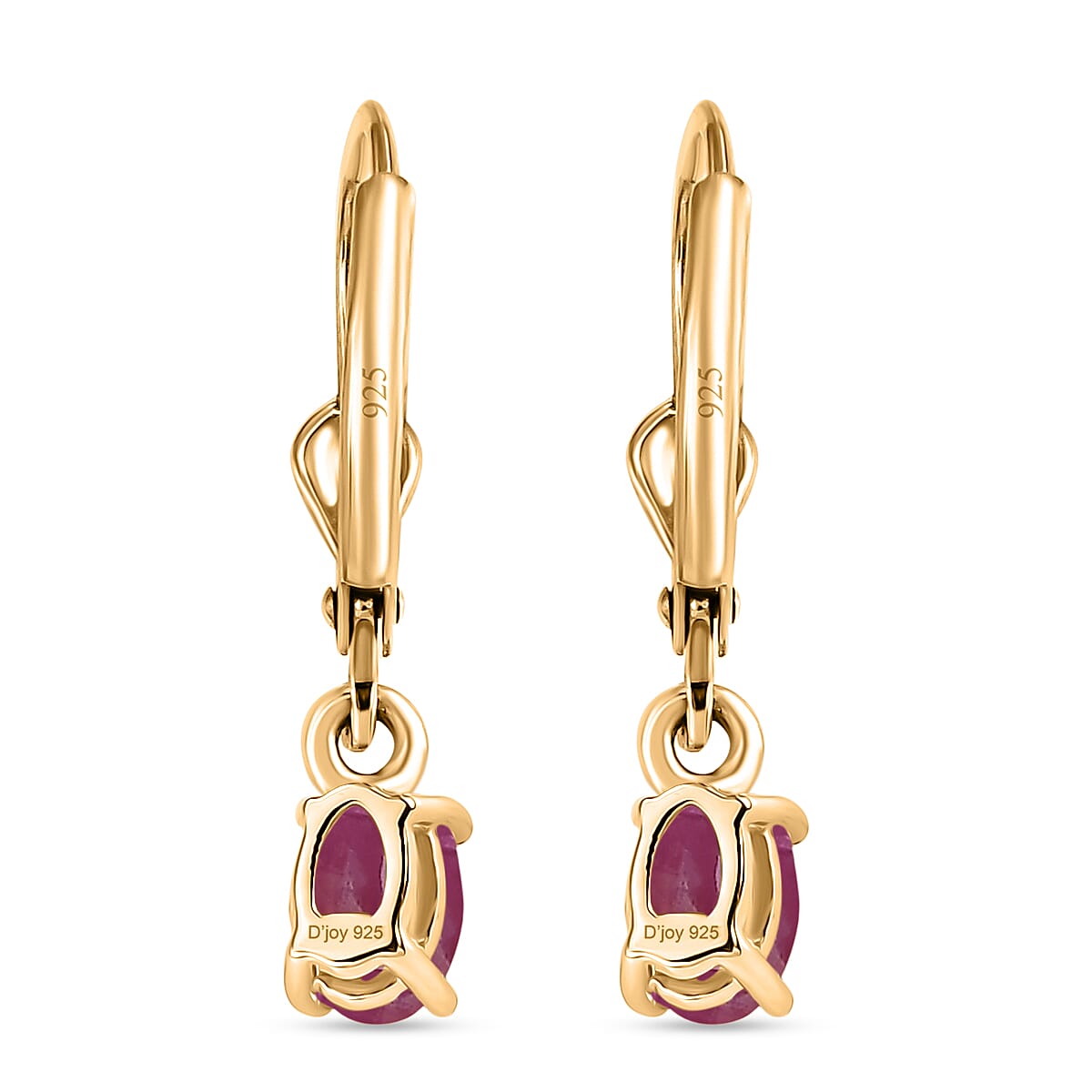 Royal Bali Collection - D'Joy African Ruby Solitaire Lever Back Earring in 18K Vermeil Yellow Gold Plated Sterling Silver 1.38 Ct.
