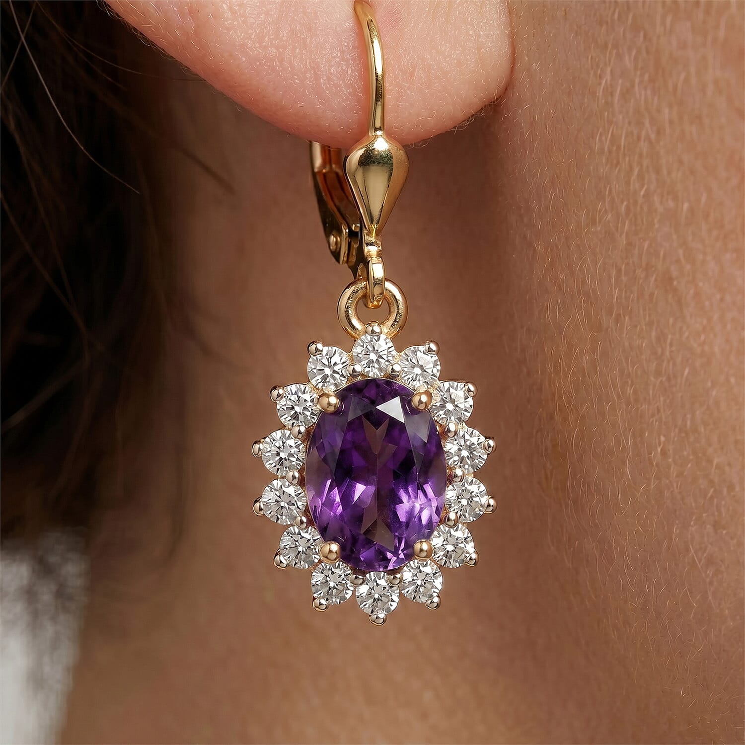 Royal Bali Collection - D'Joy African Amethyst & White Zircon Halo Earring with Lever Back in 18K Vermeil Yellow Gold Plated Sterling Silver 1.38 Ct.