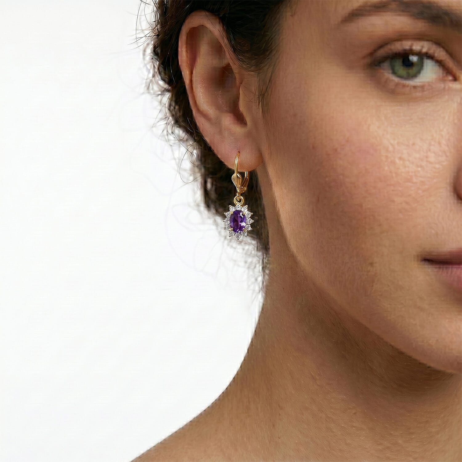 Royal Bali Collection - D'Joy African Amethyst & White Zircon Halo Earring with Lever Back in 18K Vermeil Yellow Gold Plated Sterling Silver 1.38 Ct.