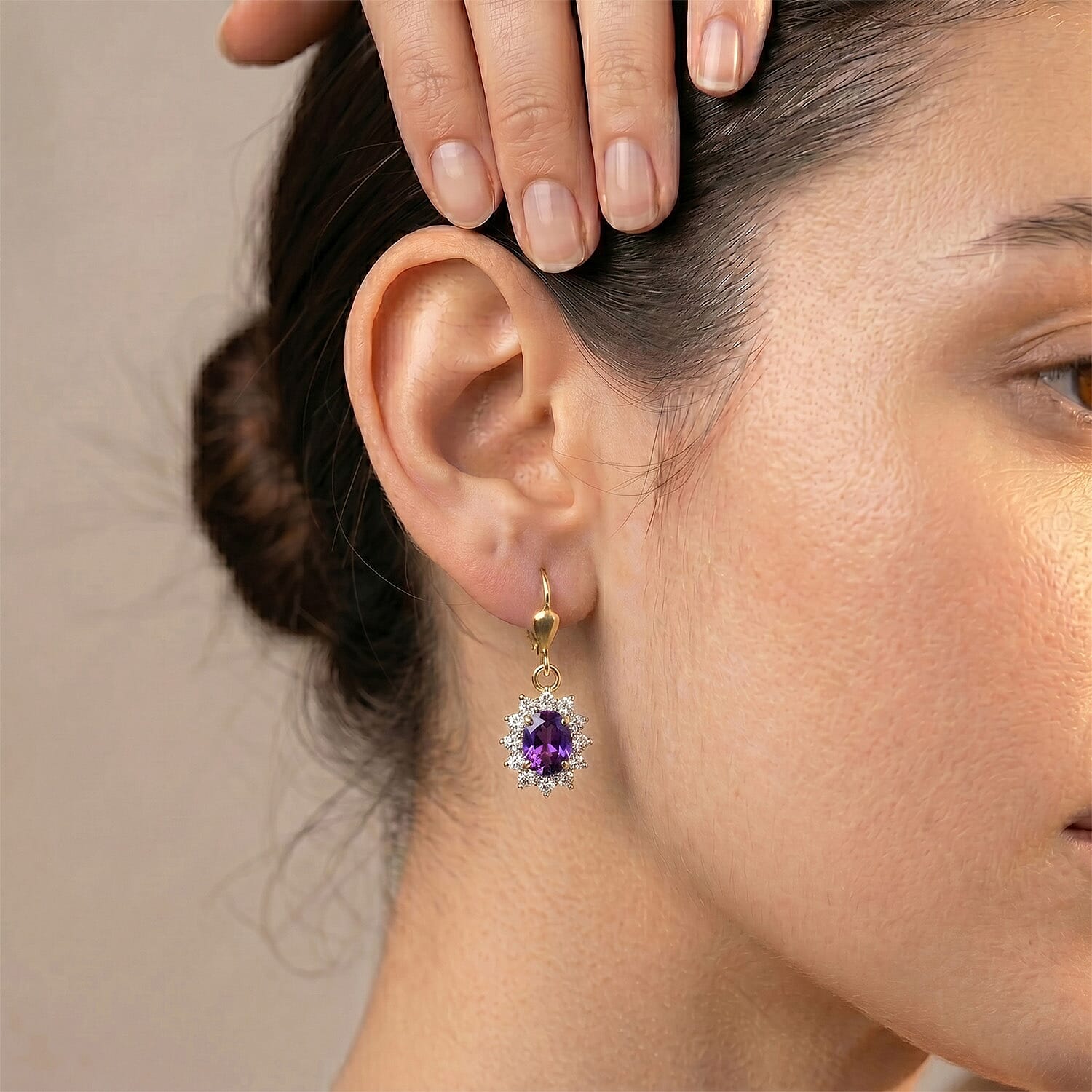 Royal Bali Collection - D'Joy African Amethyst & White Zircon Halo Earring with Lever Back in 18K Vermeil Yellow Gold Plated Sterling Silver 1.38 Ct.