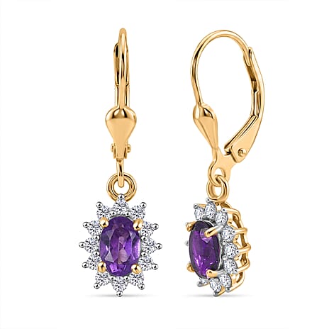 Royal Bali Collection - D'Joy African Amethyst & White Zircon Halo Earring with Lever Back in 18K Vermeil Yellow Gold Plated Sterling Silver 1.38 Ct.