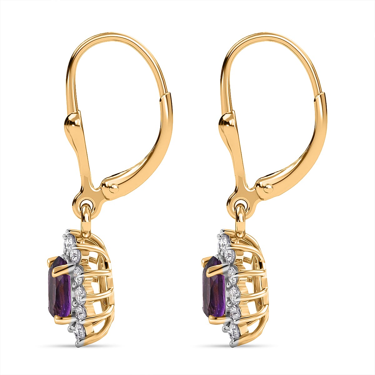 Royal Bali Collection - D'Joy African Amethyst & White Zircon Halo Earring with Lever Back in 18K Vermeil Yellow Gold Plated Sterling Silver 1.38 Ct.