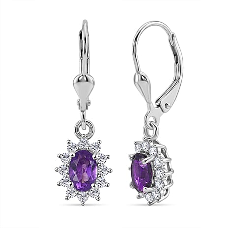 Royal Bali Collection - D'Joy African Amethyst & White Zircon Halo Earring with Lever Back in Rhodium Overlay Sterling Silver 1.38 Ct.