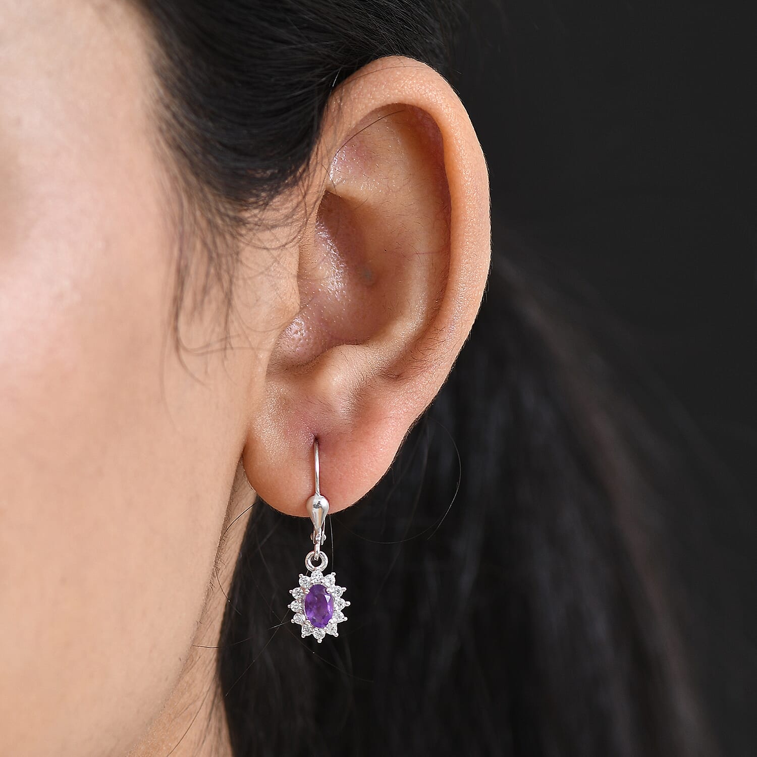 Royal Bali Collection - D'Joy African Amethyst & White Zircon Halo Earring with Lever Back in Rhodium Overlay Sterling Silver 1.38 Ct.