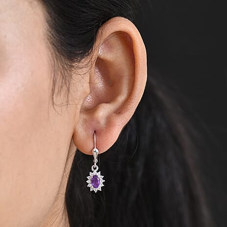 Royal Bali Collection - D'Joy African Amethyst & White Zircon Halo Earring with Lever Back in Rhodium Overlay Sterling Silver 1.38 Ct.