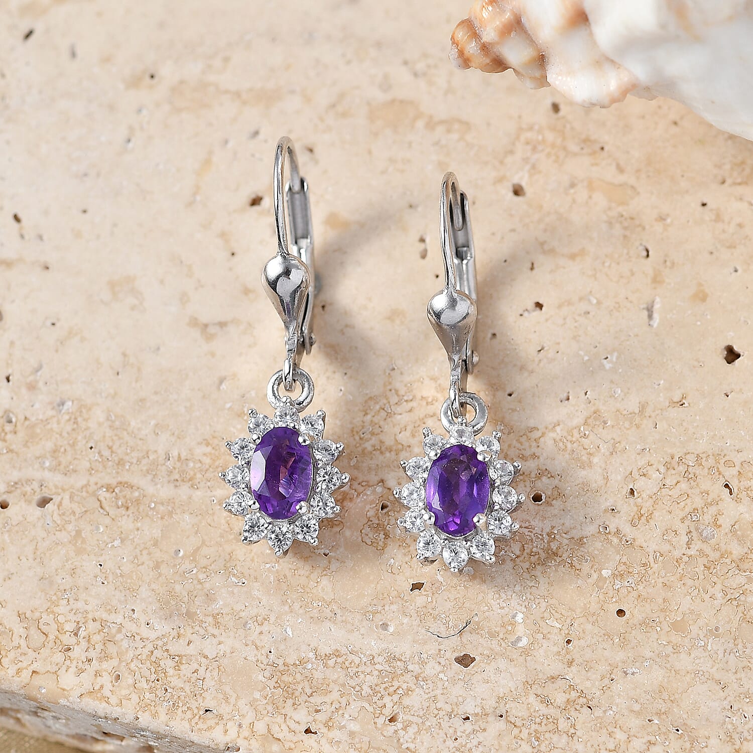 Royal Bali Collection - D'Joy African Amethyst & White Zircon Halo Earring with Lever Back in Rhodium Overlay Sterling Silver 1.38 Ct.