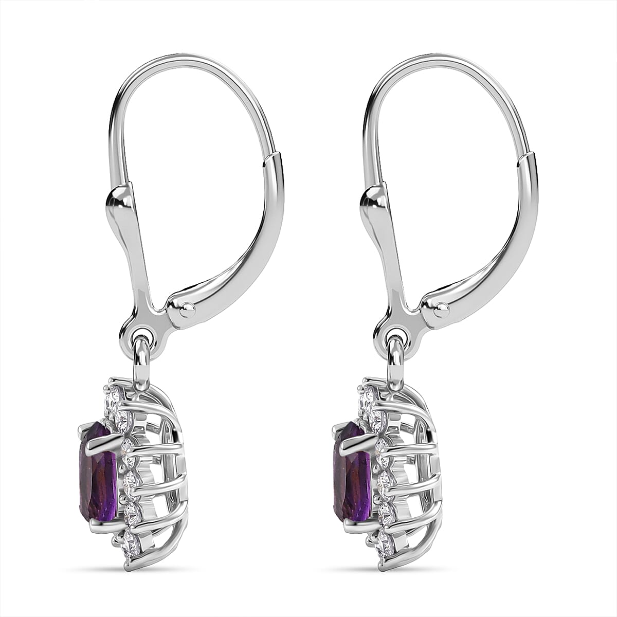 Royal Bali Collection - D'Joy African Amethyst & White Zircon Halo Earring with Lever Back in Rhodium Overlay Sterling Silver 1.38 Ct.