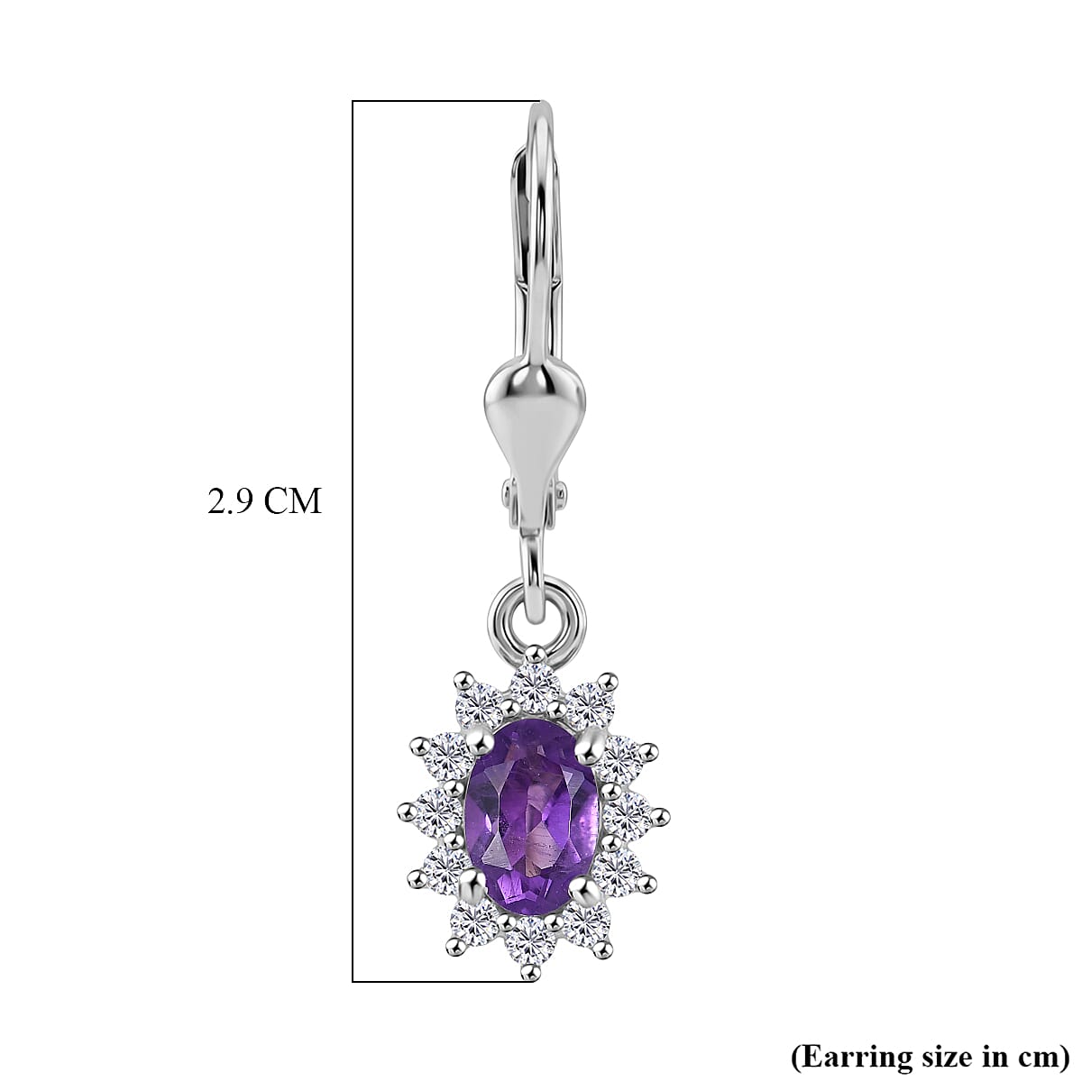 Royal Bali Collection - D'Joy African Amethyst & White Zircon Halo Earring with Lever Back in Rhodium Overlay Sterling Silver 1.38 Ct.
