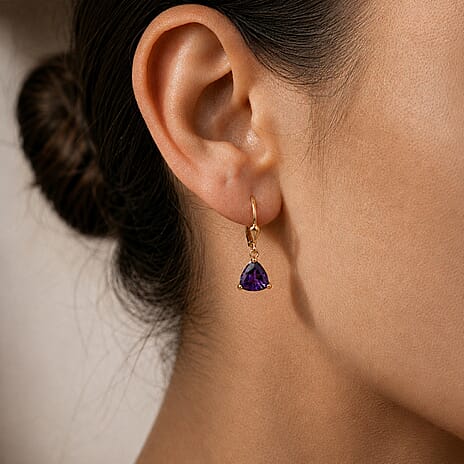 Royal Bali Collection - D'Joy African Amethyst Solitaire Lever Back Earring in 18K Vermeil Yellow Gold Plated Sterling Silver 1.34 Ct.
