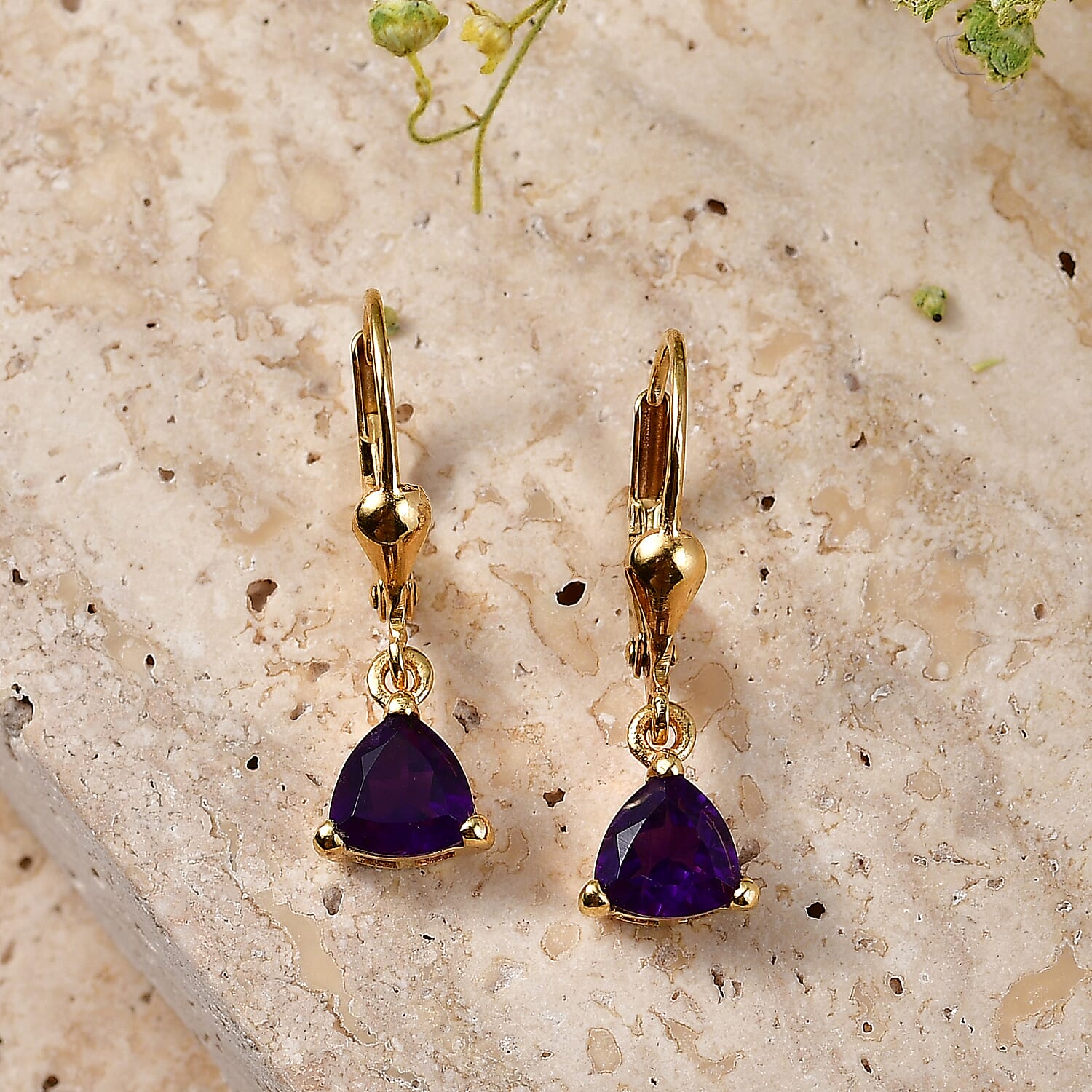 Royal Bali Collection - D'Joy African Amethyst Solitaire Lever Back Earring in 18K Vermeil Yellow Gold Plated Sterling Silver 1.34 Ct.