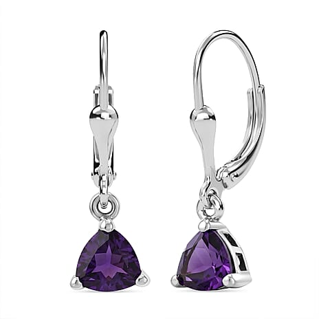 Royal Bali Collection - D'Joy African Amethyst Solitaire Lever Back Earring in Rhodium Overlay Sterling Silver 1.34 Ct.