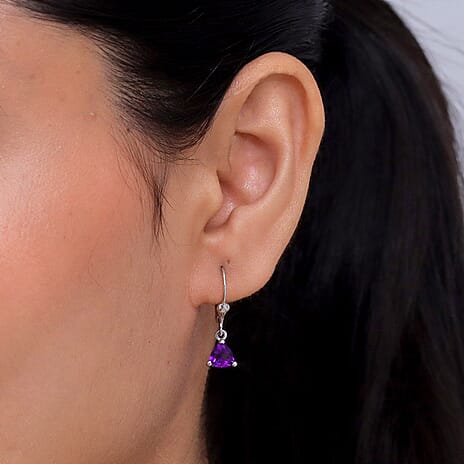 Royal Bali Collection - D'Joy African Amethyst Solitaire Lever Back Earring in Rhodium Overlay Sterling Silver 1.34 Ct.